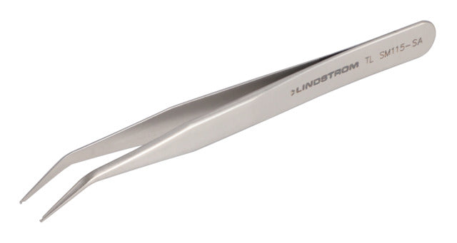 SM115-SA Stainless SMD Tweezers, Anti-Acid Anti-Mag Body for Holding, Positioning Cylindrical Devices From 0.6Mm and Grooved at 30° Angle Tips, 115 mm - 4.53